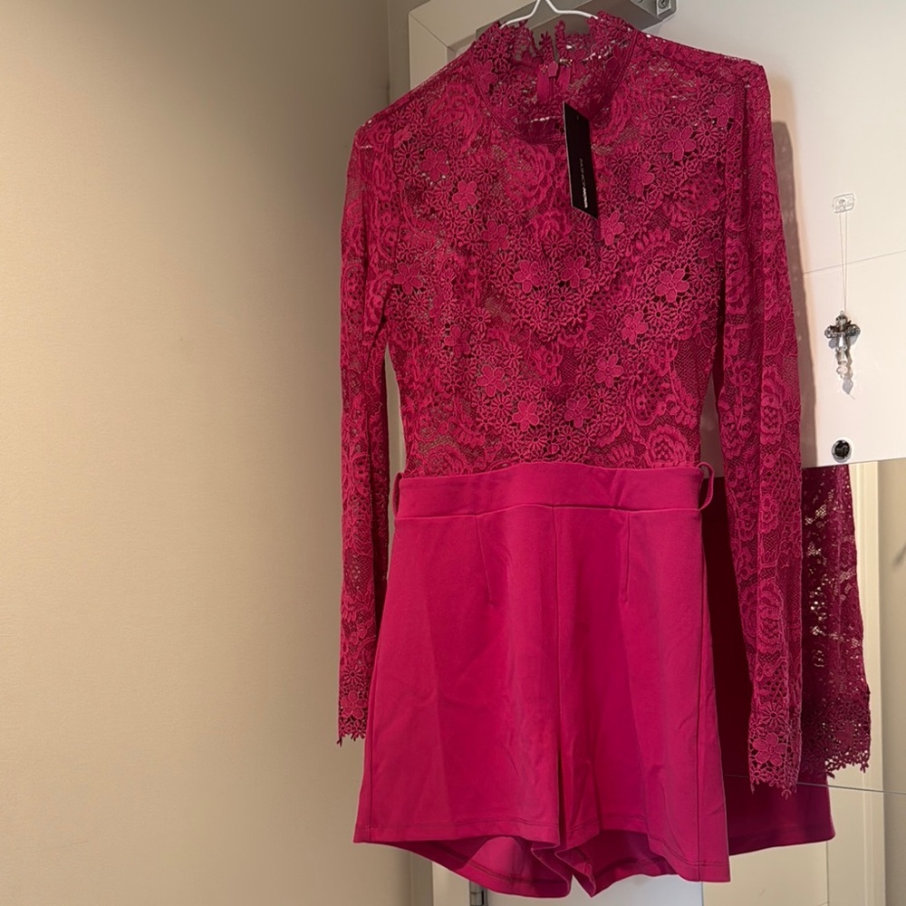 Elegant Pink Lace Long Sleeve Romper